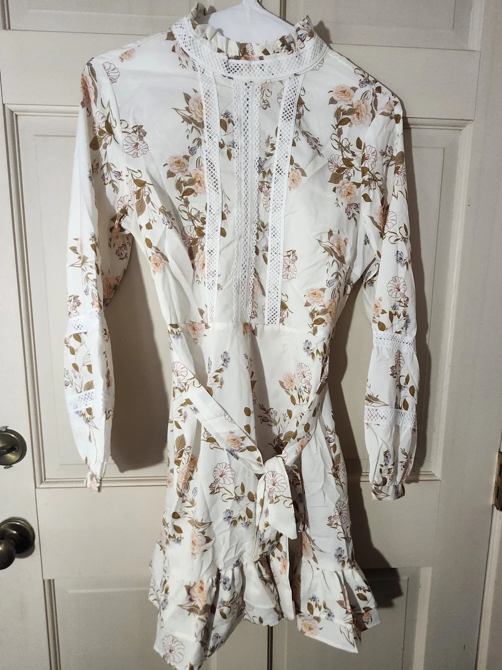 Floral Lace-Trim Long Sleeve Cream Dress with Tie Waist